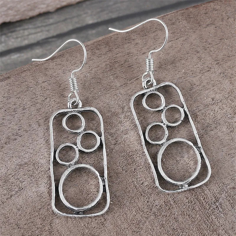 Geometric irregular square round ring earrings in antique silver zinc alloy