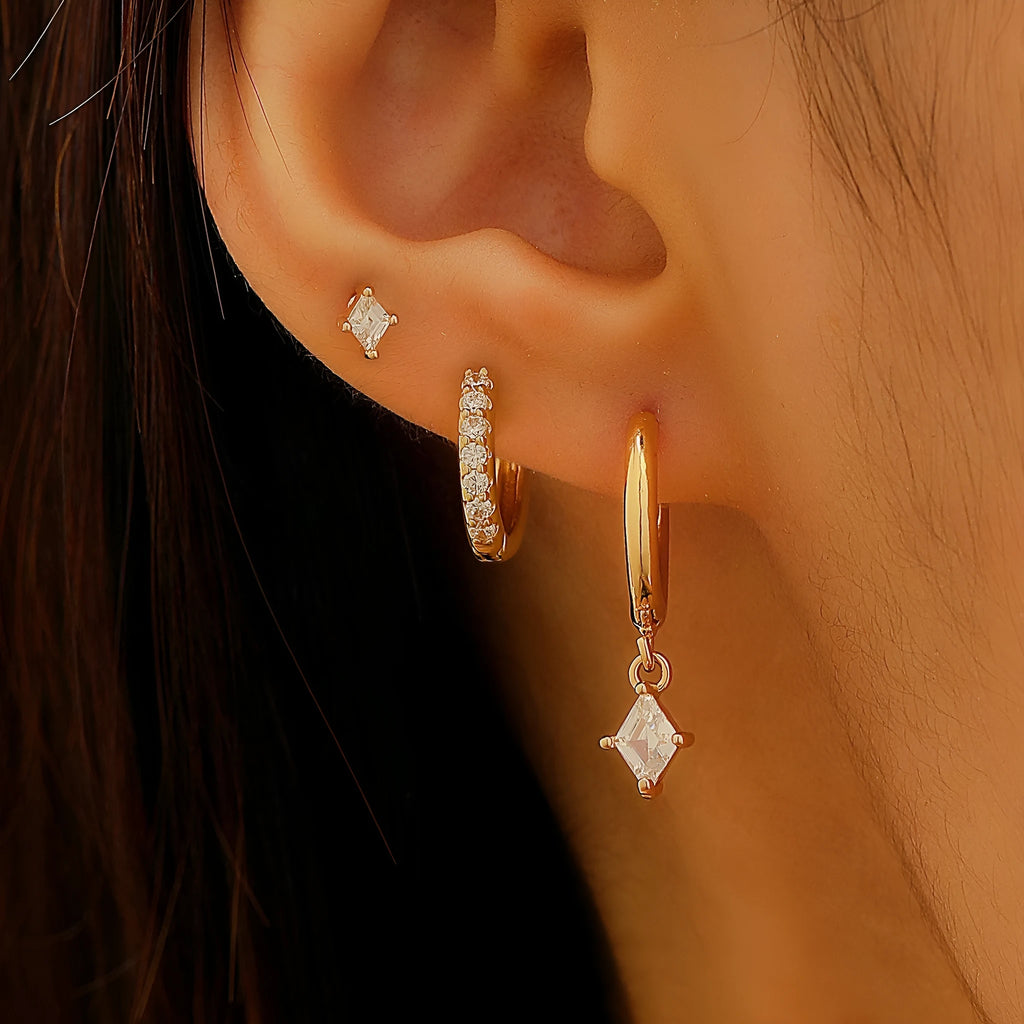 Ladies three-piece earring set with copper zircon geometry designs in gold and silver colours