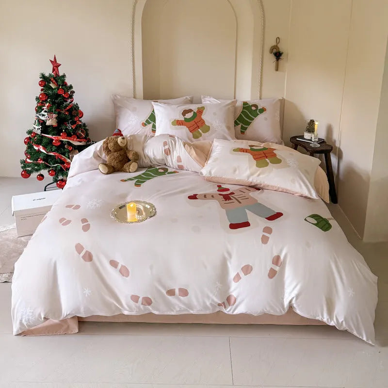 Christmas cartoon printed bedding set with sheet, quilt cover, and pillowcases in super soft washed cotton