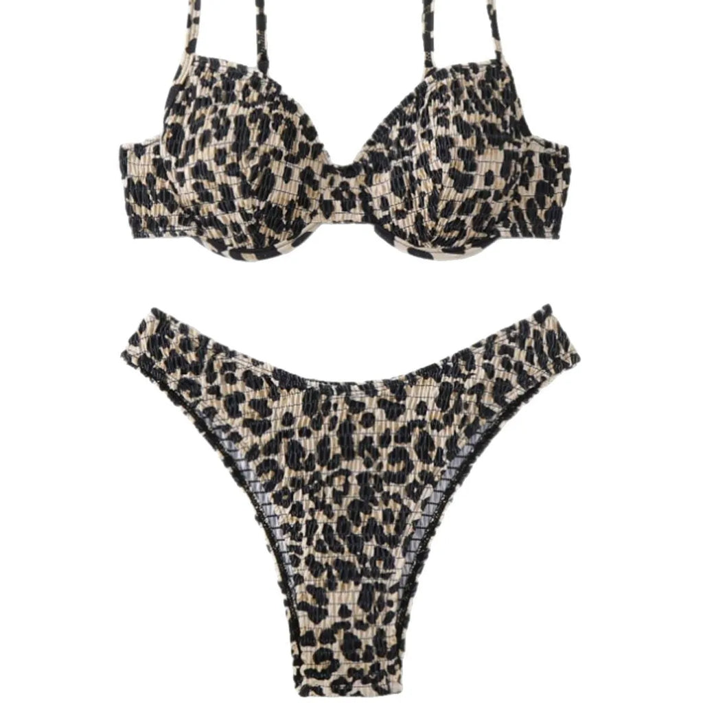 Women's leopard point print bikini swimsuit with backless design in brown mixed colour.