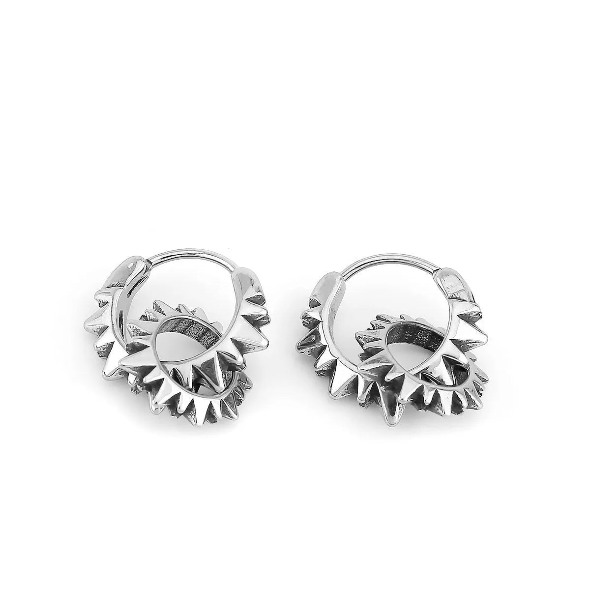Polished stainless steel round hoop earrings in a steel colour with a simple retro design.