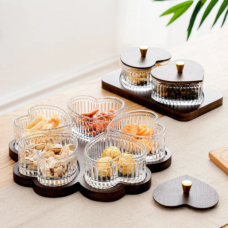 Retro glass serving platter with heart-shaped lids in 2, 3, 4, and 5 grid configurations for snacks.
