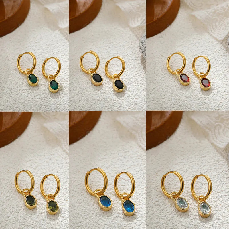 Women's retro oval zircon earrings in six colours including army green and emerald on copper settings