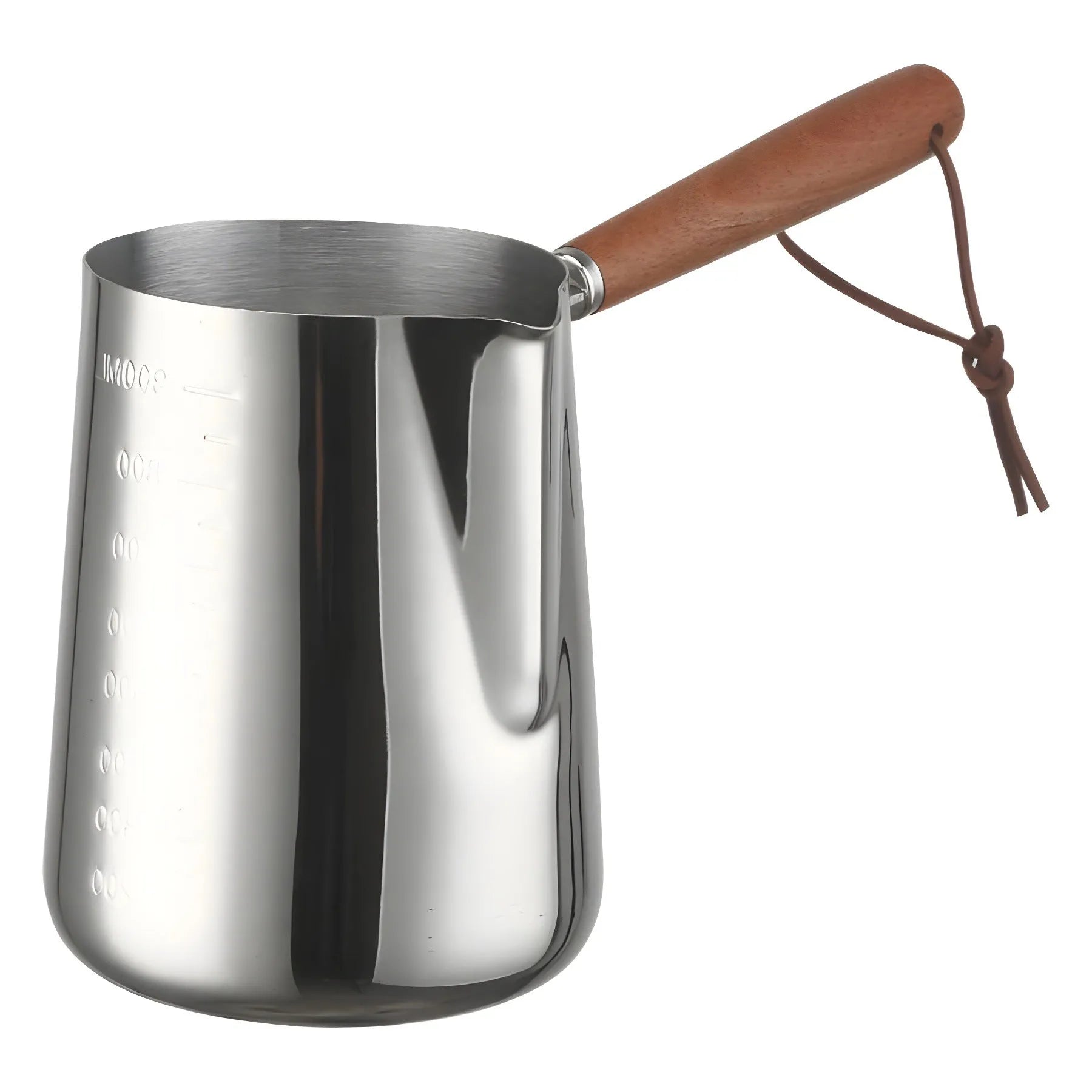 Stainless steel coffee cup with measurement scale markings and wooden handle shown in solid colour