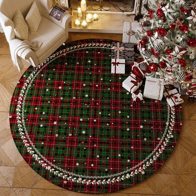 Round red Christmas carpet with festive patterns and non-slip backing for living room floor decoration