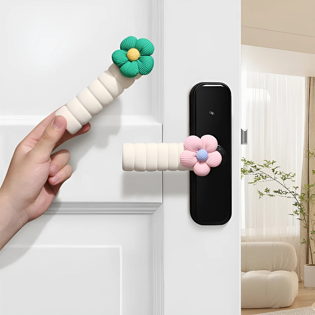 Flower pattern soft PEVA door handle protective cover on a round door knob.