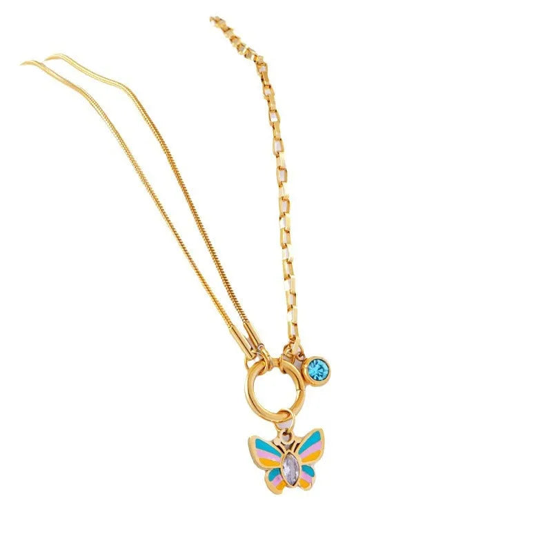 Gold colour epoxy butterfly necklace and bracelet set with animal zodiac design on titanium steel snake bones chain