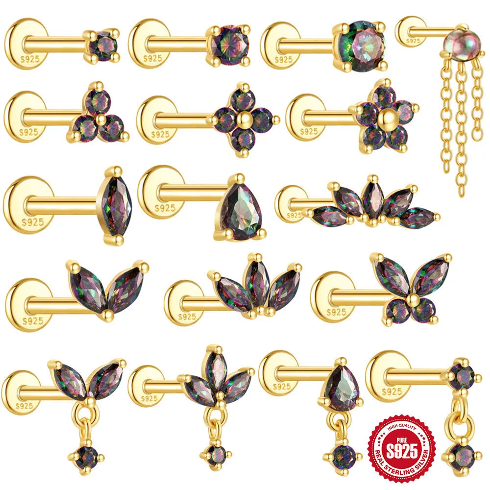 S925 sterling silver flat head thread ear stud with super shiny rainbow stone finish in a gold colour.