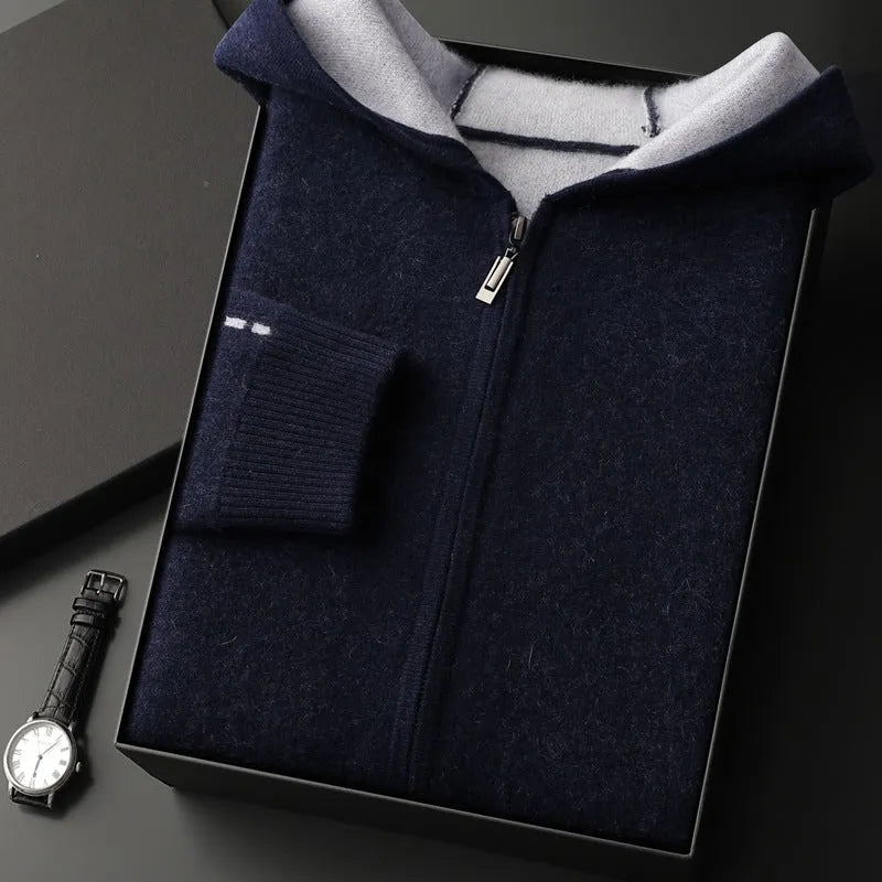 Men's dark blue cashmere cardigan with half-high collar and zip front in loose fit