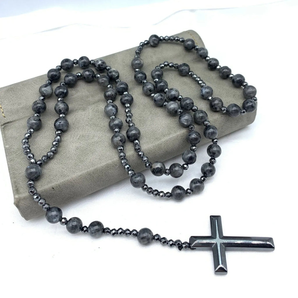 Men's stone geometric cross pendant necklace with bead chain and safety lock