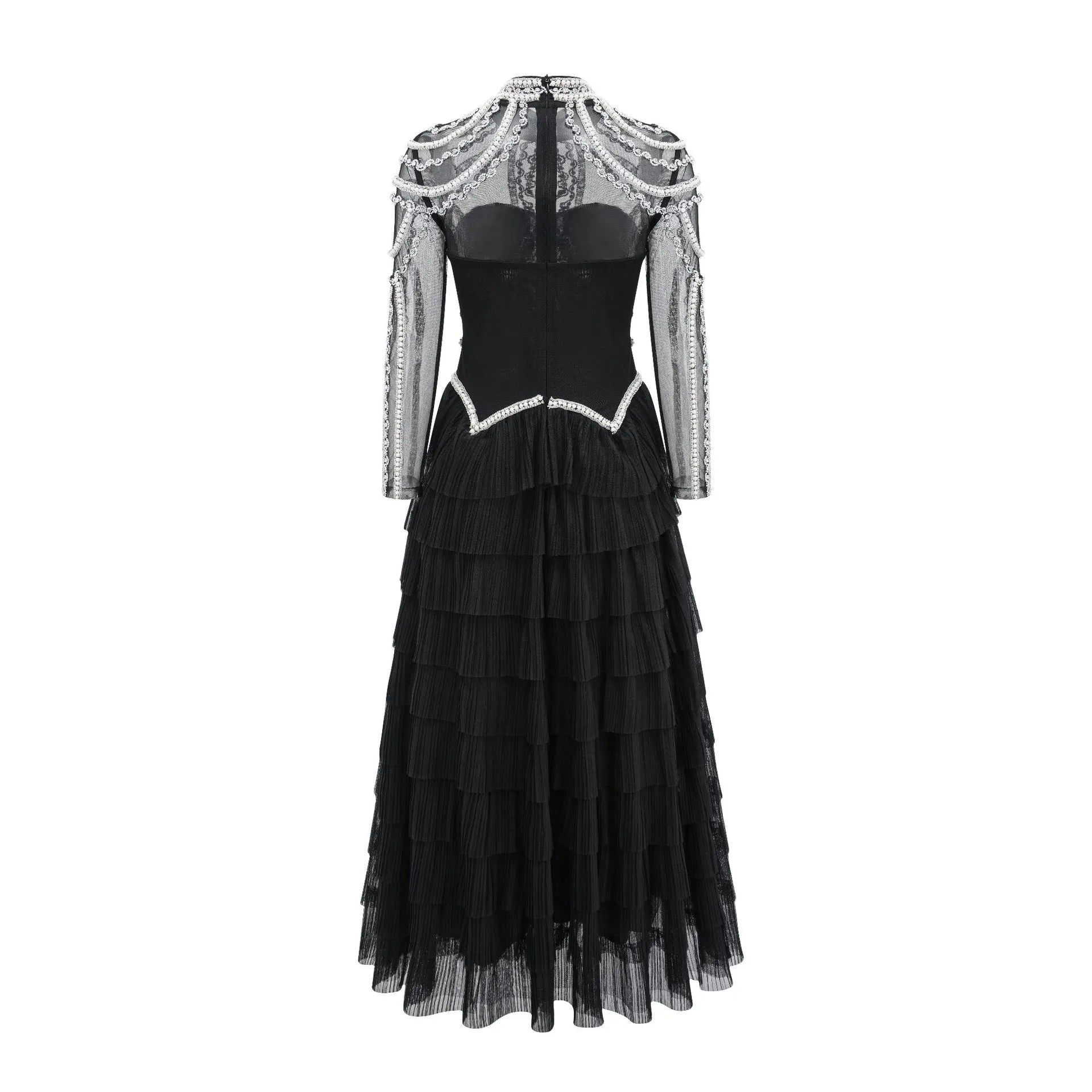 Women's black long sleeve dress with beaded decoration and mid waist design