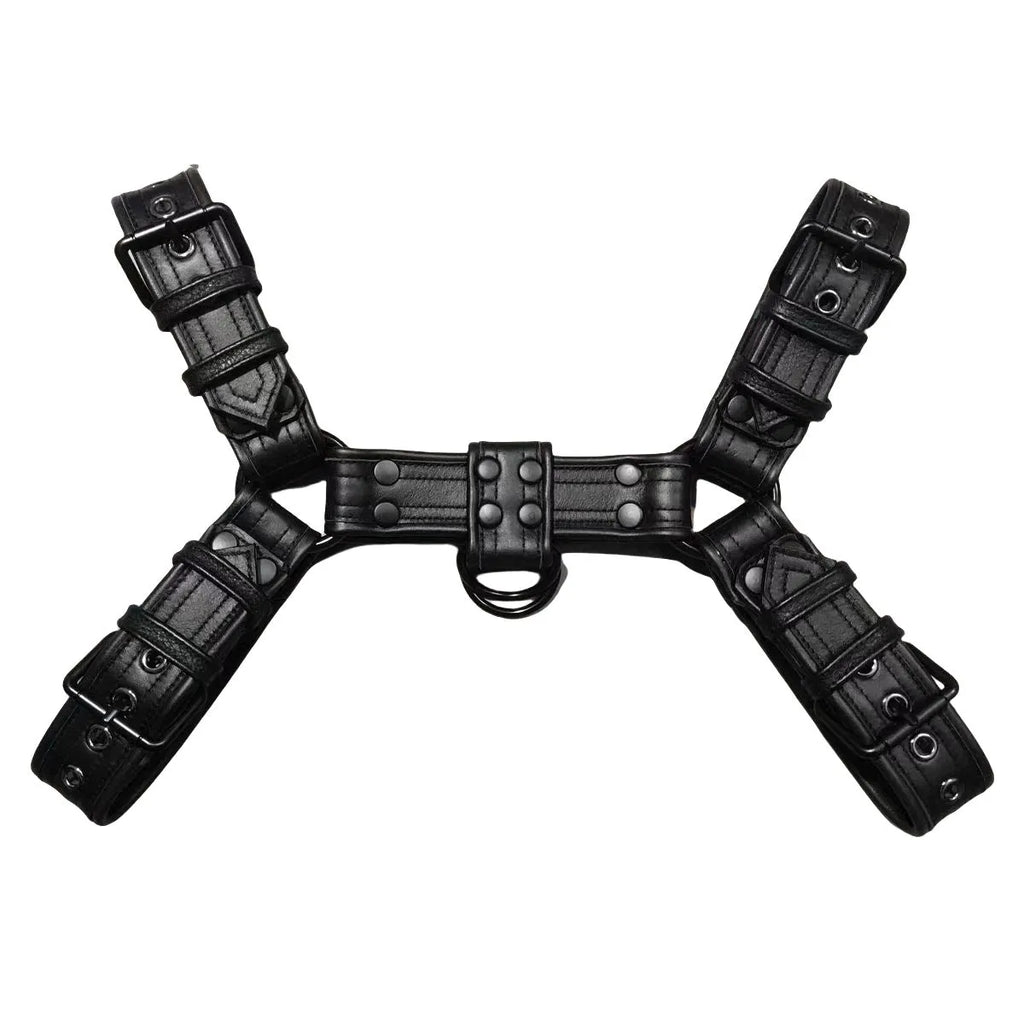 Black leather adjustable chest muscle bondage strap with metal buckle