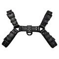 Black leather adjustable chest muscle bondage strap with metal buckle