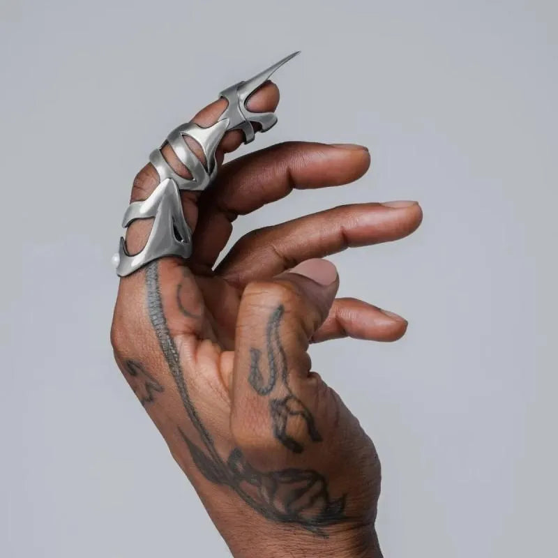 Silver punk armour finger stall ring in alloy metal with standard size