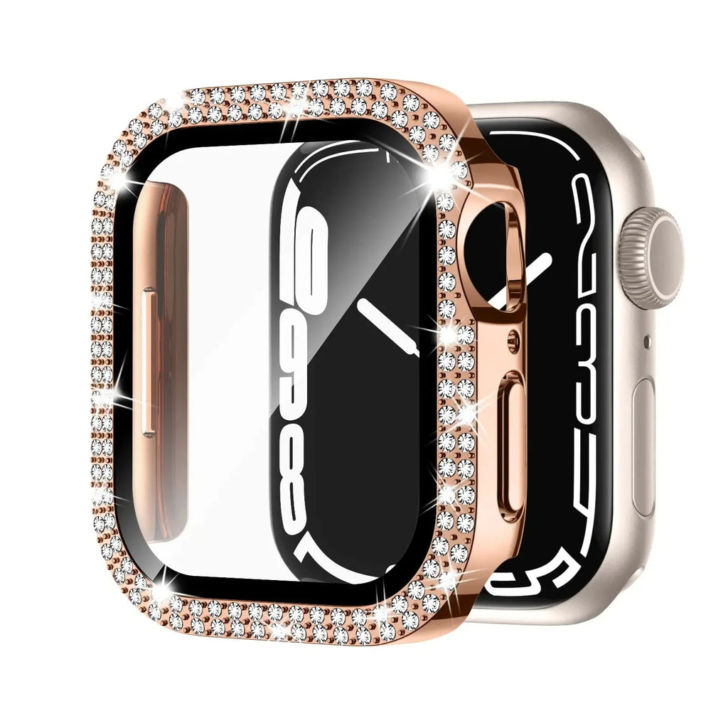 Apple Watch case with double diamond glass privacy screen in rose gold, silver, and black colour options