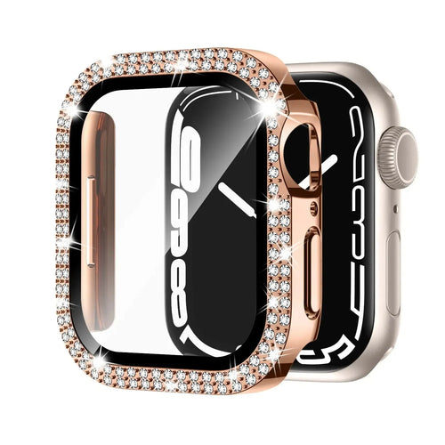 Apple Watch case with double diamond glass privacy screen in rose gold, silver, and black colour options