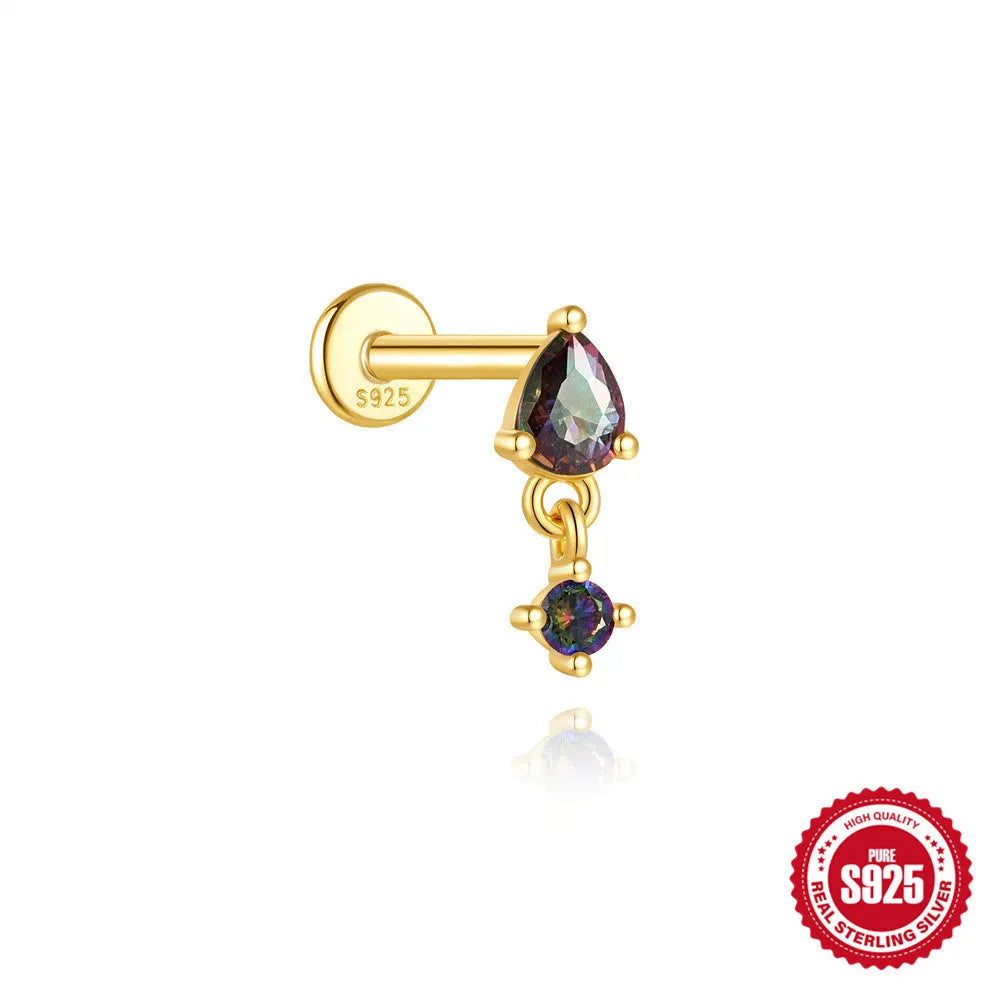 S925 sterling silver flat head thread ear stud with super shiny rainbow stone finish in a gold colour.