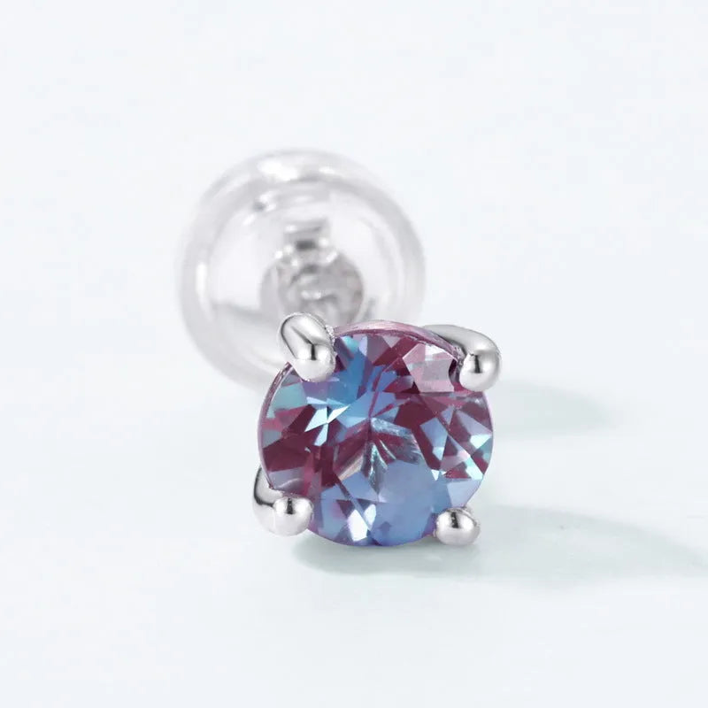 Silver ear studs with round cultivated Alexandrite stone in geometric setting