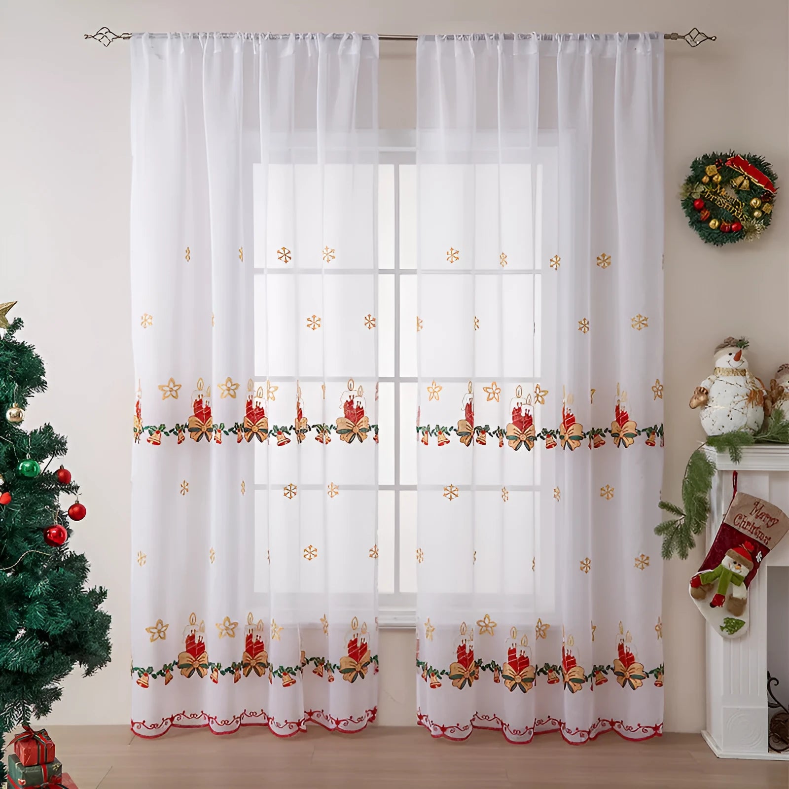 Pair of red and white Christmas curtains with embroidered snowflake design, showing light filtering through.
