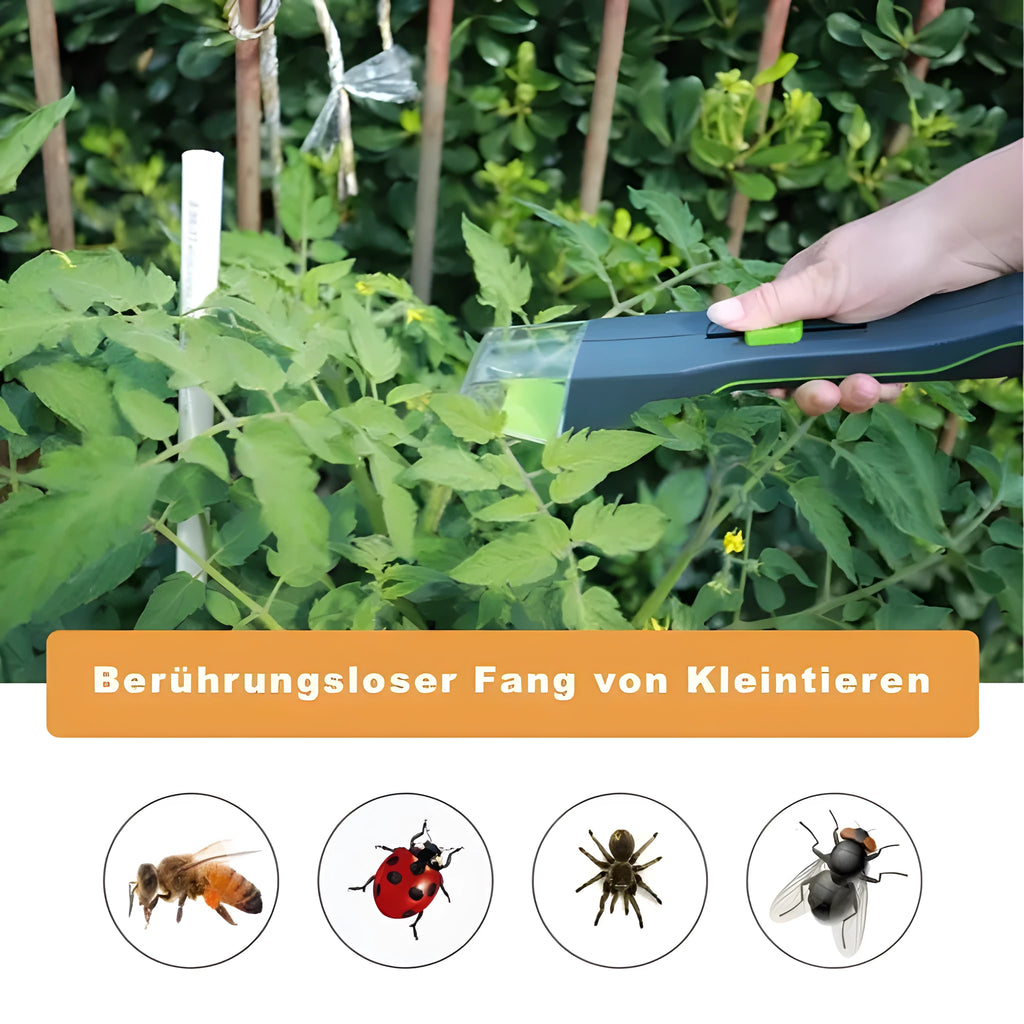 Green handheld insect catcher with plastic construction for garden and grass pest control