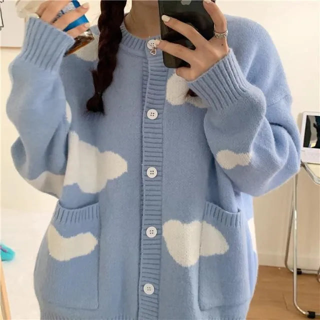 Women's blue cloud pattern cardigan sweater with long sleeves and loose fit