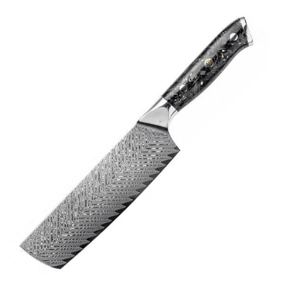 Damascus steel kitchen knife set showing eight different blade sizes with fishbone pattern detailing