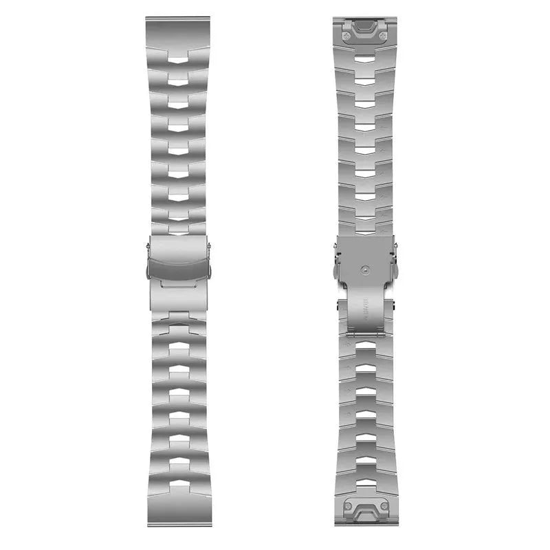 Garmin Fenix compatible replacement watch strap in silver, black, and titanium colours showing 22mm and 26mm widths.