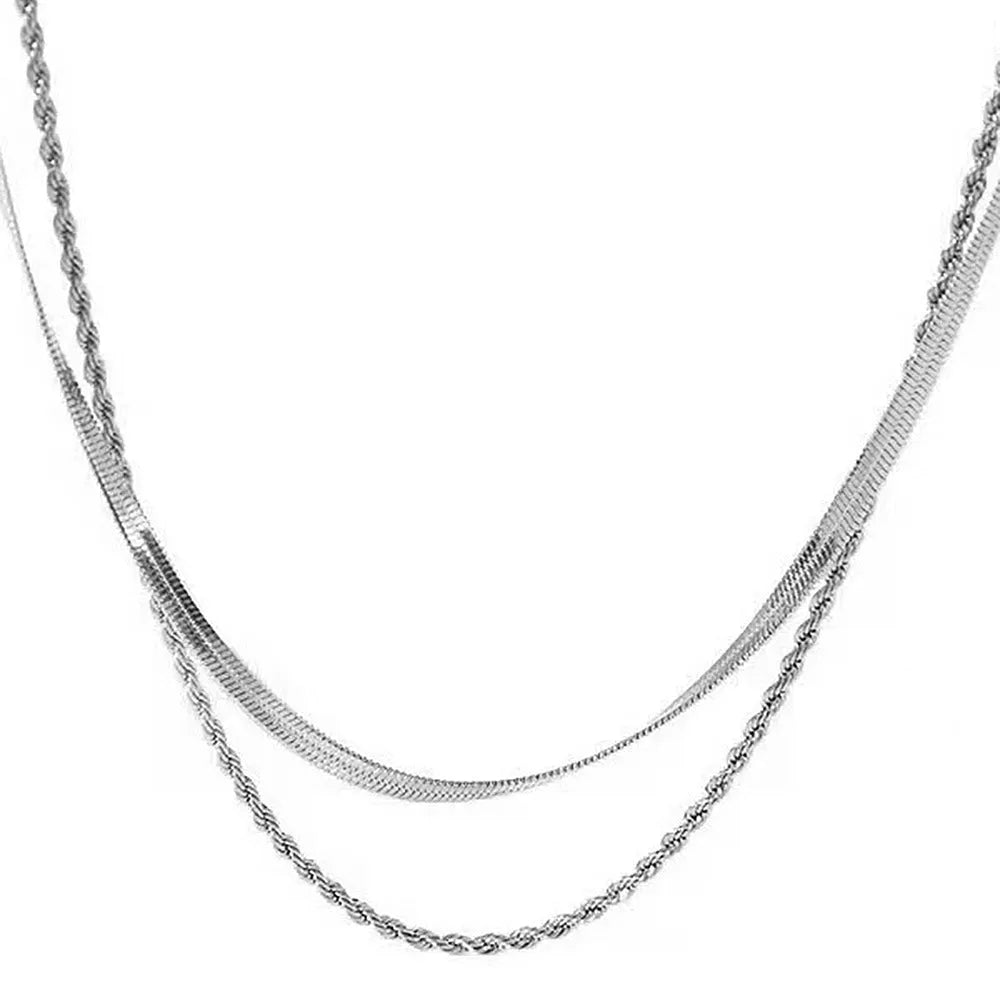 Women's retro double-layer twist necklace with geometric titanium steel pendant on adjustable snake bones chain