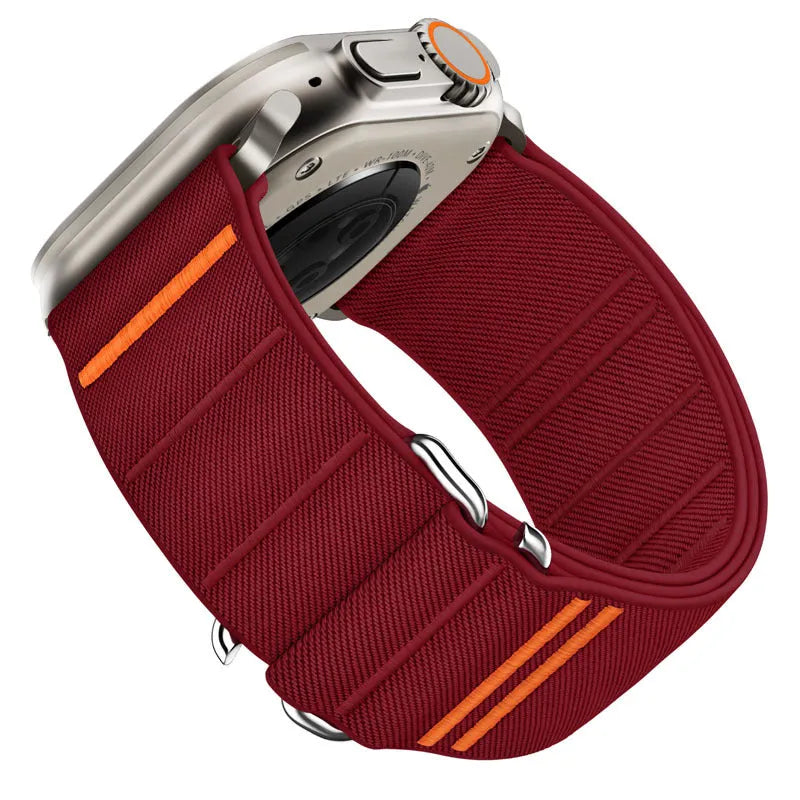 Elastic nylon Apple Watch compatible band with stainless steel buckle shown in multiple colour options
