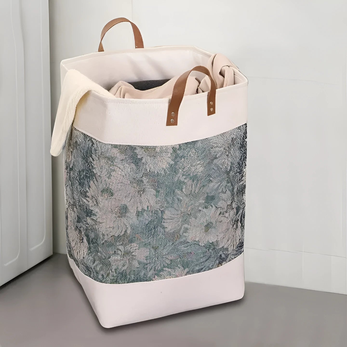 Fabric storage box with drawstring closure measuring 35x35x55cm in colourful bear pattern