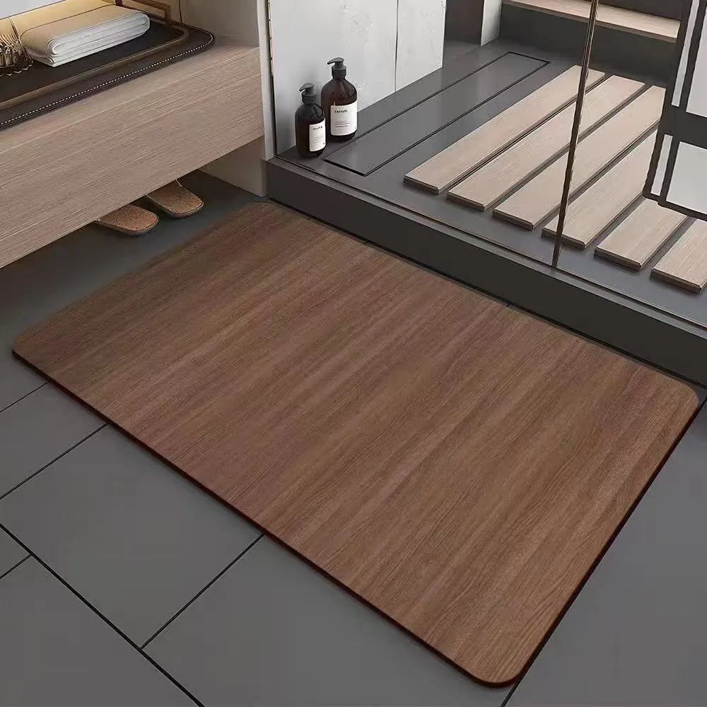 Square diatomite bathroom floor mat with wood grain pattern on bathroom tiles