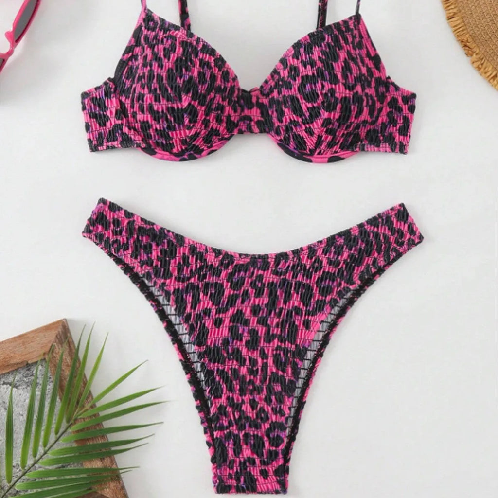 Women's leopard point print bikini swimsuit with backless design in brown mixed colour.