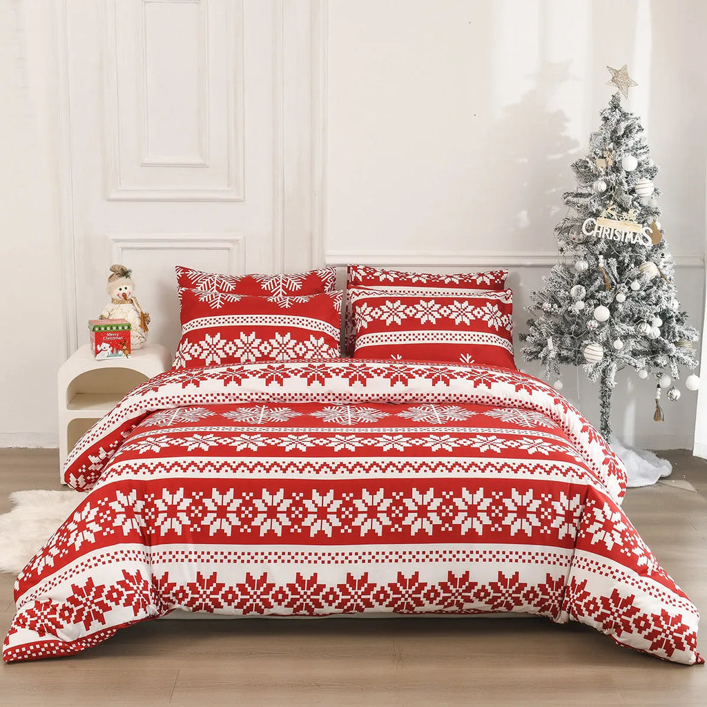 Red Winter Sleepers bed three-piece set with Christmas Love Song pattern showing quilt cover and pillowcases