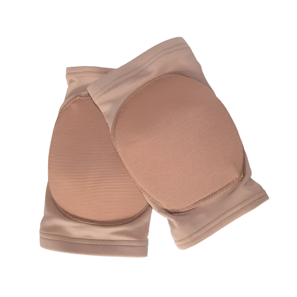 A pair of skin-colour ballet dance knee pads with elastic straps, shown laid flat.