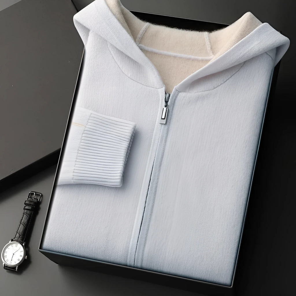 Men's dark blue cashmere cardigan with half-high collar and zip front in loose fit