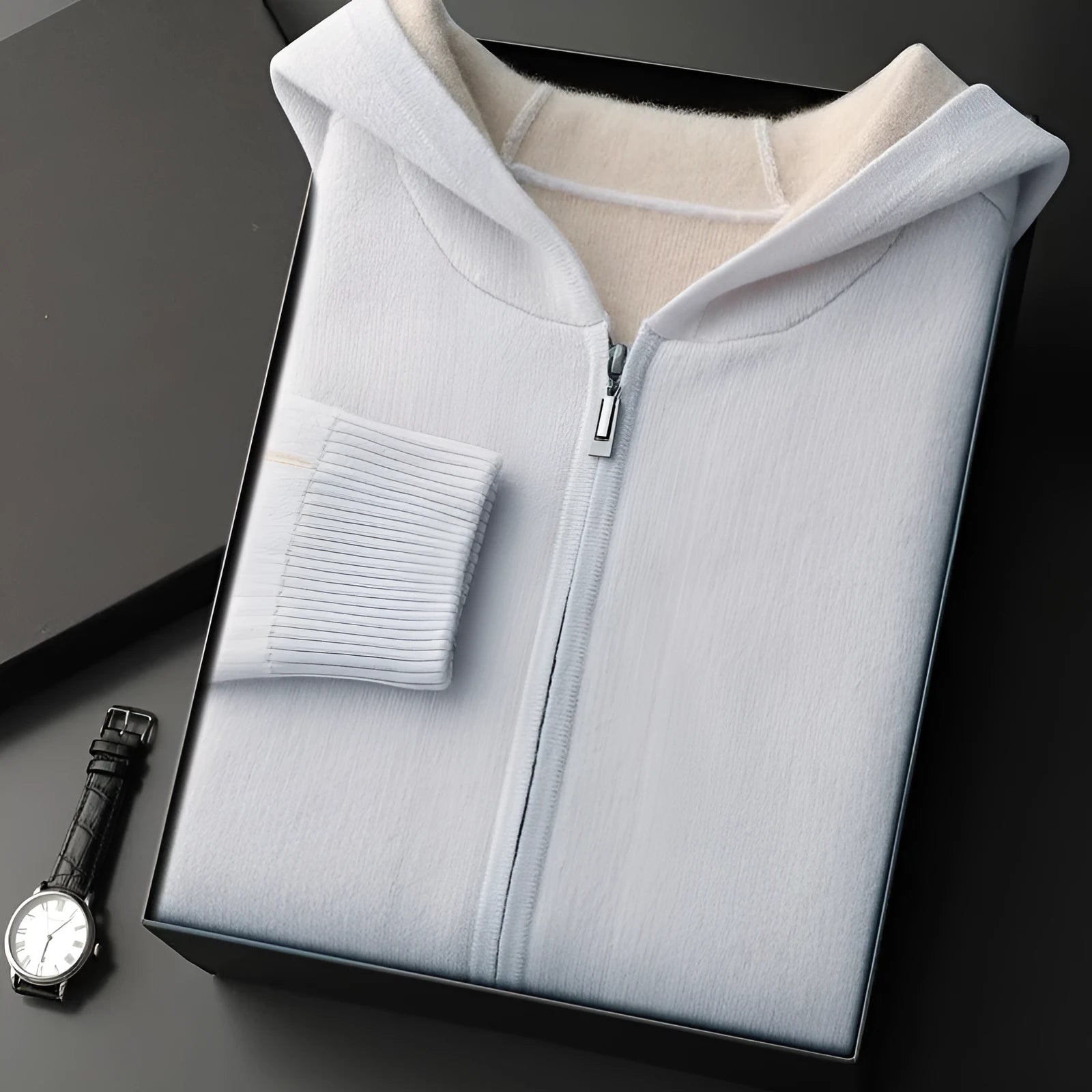 Men's dark blue cashmere cardigan with half-high collar and zip front in loose fit