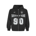 Women's loose red hooded jacket with retro embroidered letter design on front.
