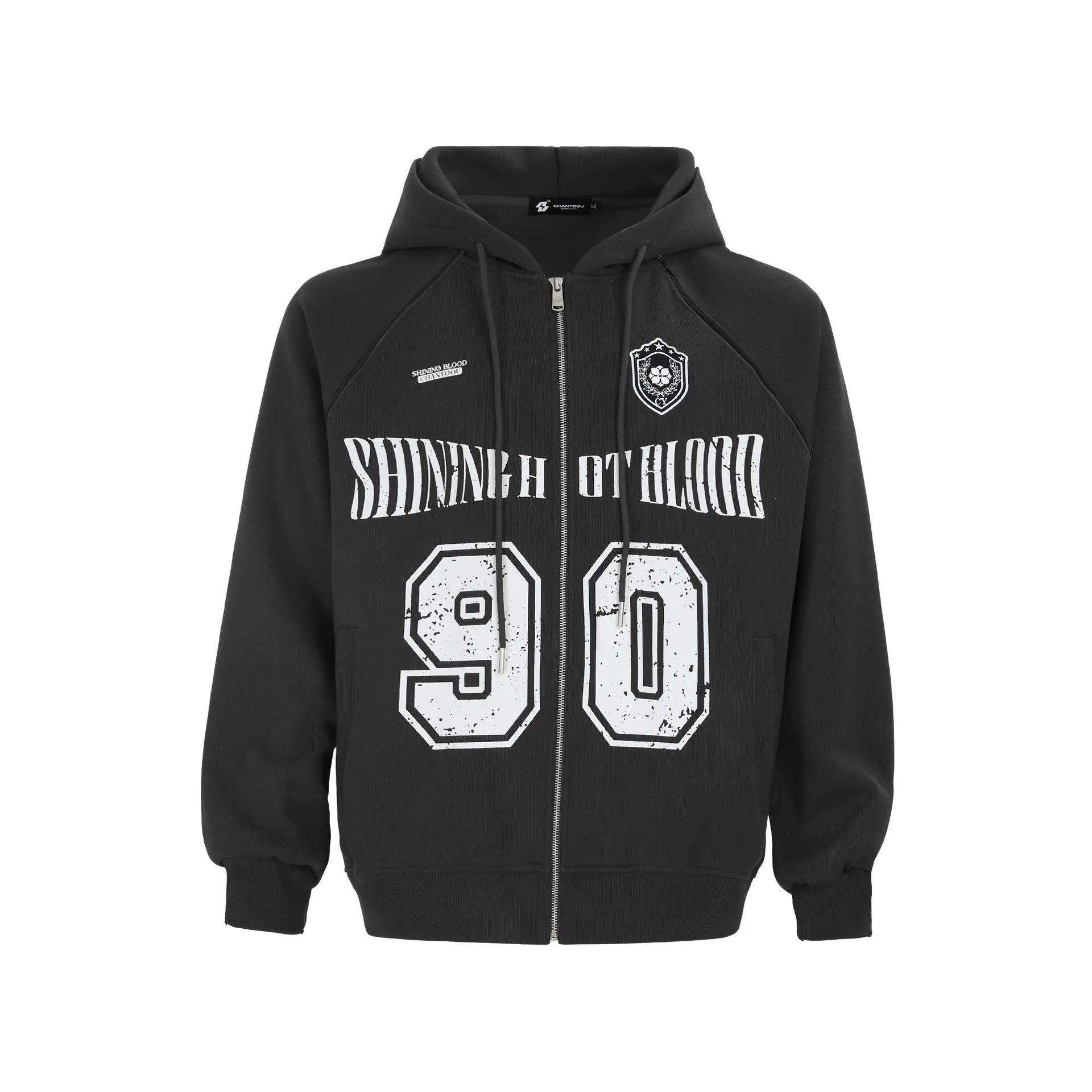 Women's loose red hooded jacket with retro embroidered letter design on front.
