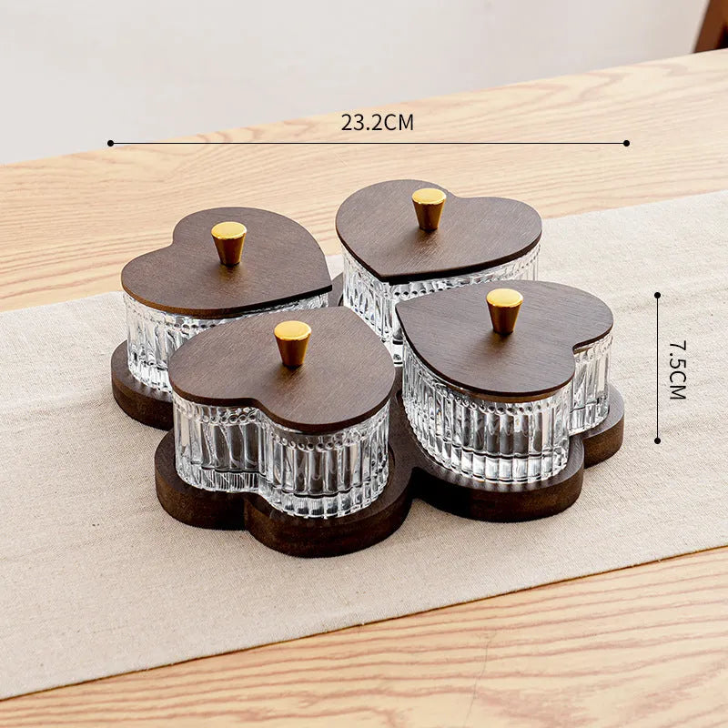 Retro glass serving platter with heart-shaped lids in 2, 3, 4, and 5 grid configurations for snacks.