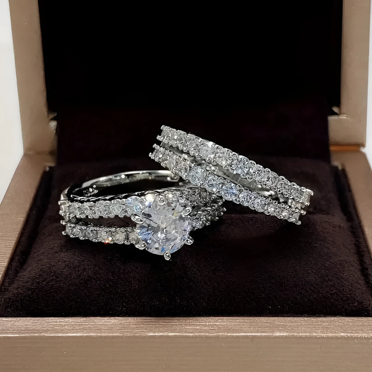 Two-in-one alloy ring set for women with diamond treatment in silver, gold, and rose gold colours.