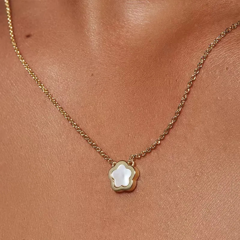 White mother shell flower necklace with floral pendant on silver or gold plated chain
