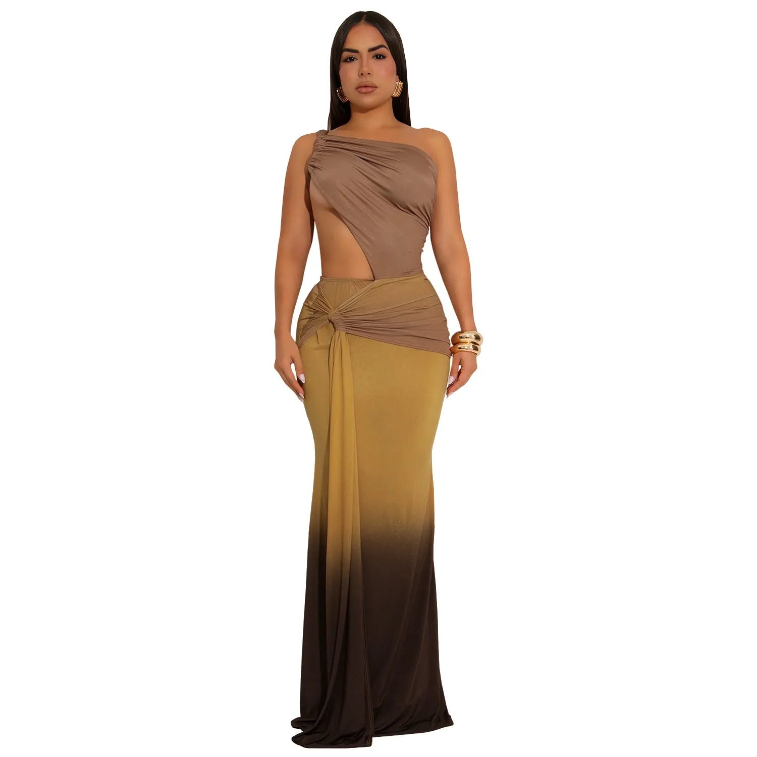 Oblique shoulder women's summer dress in a gradient colour with a high waist and long maxi skirt.