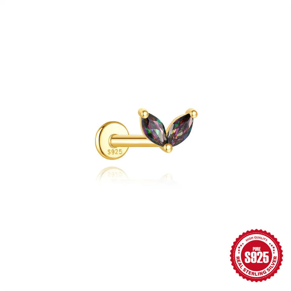 S925 sterling silver flat head thread ear stud with super shiny rainbow stone finish in a gold colour.