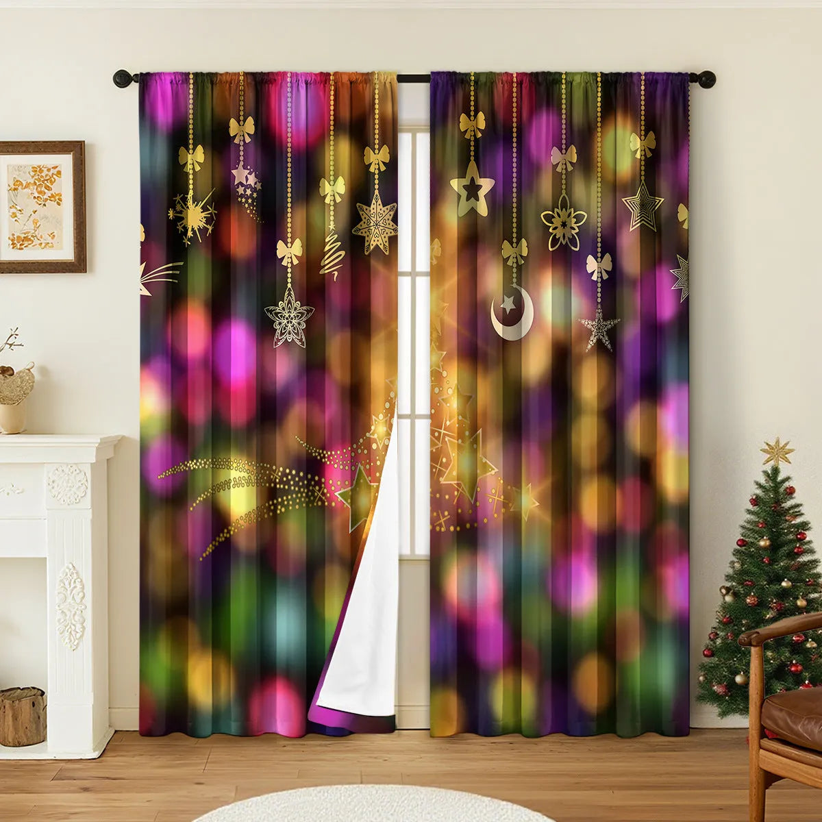 Pair of 3D digitally printed Christmas pattern blackout curtains hanging on a window.