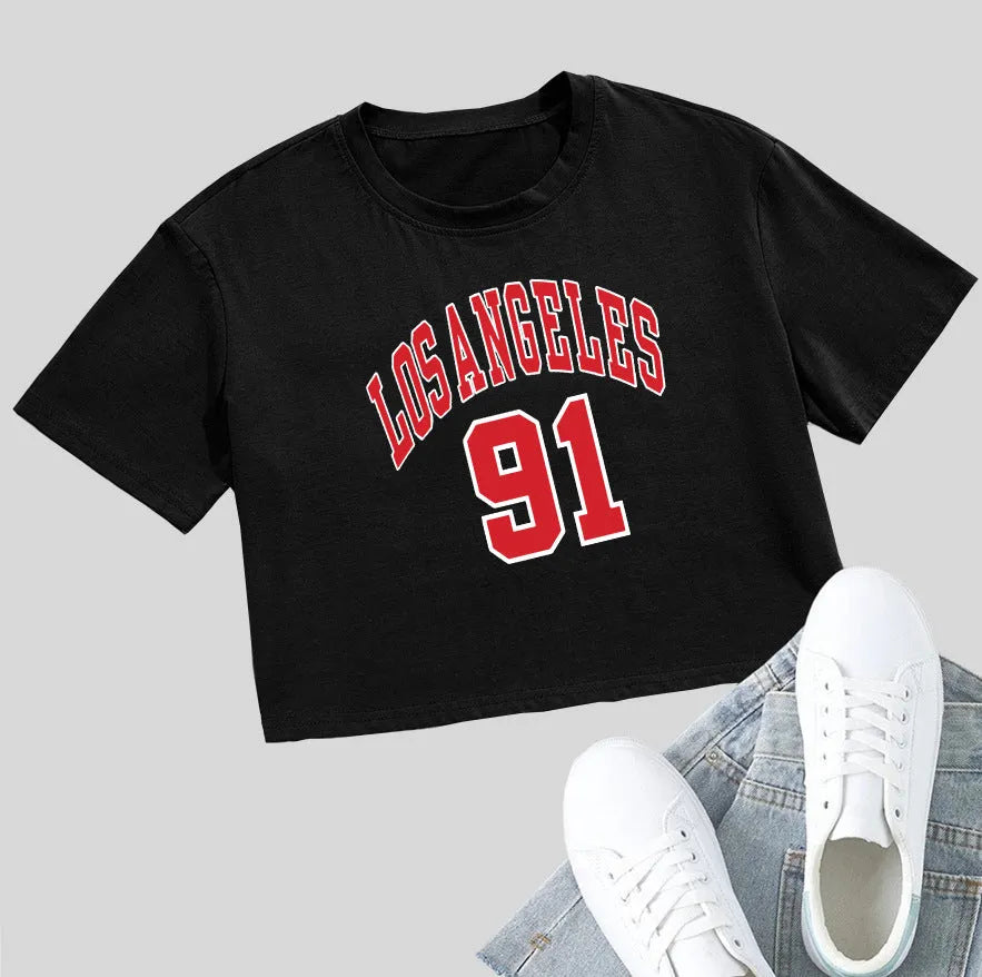 Loose fit cotton t-shirt with personalised English letter printing in exposed navel style