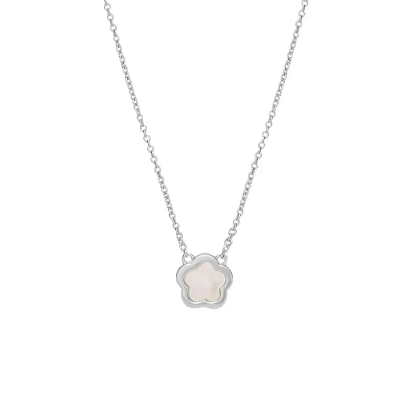 White mother shell flower necklace with floral pendant on silver or gold plated chain
