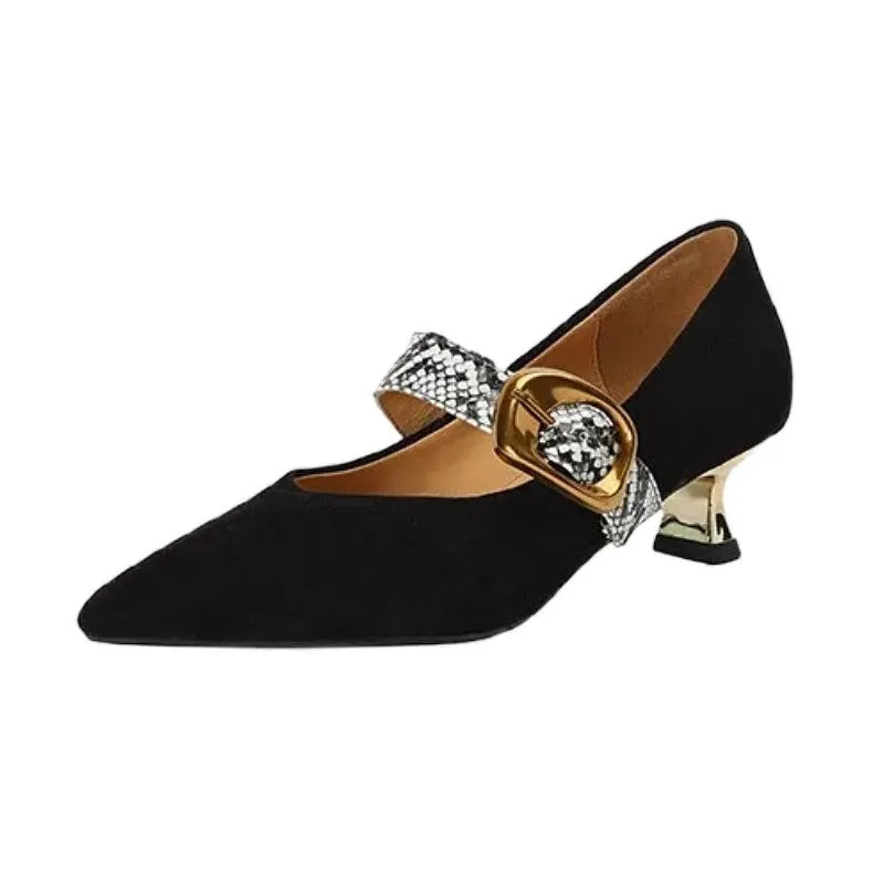 Black women's stiletto high heels with pointed toe and decorative ankle buckle on a rubber sole.