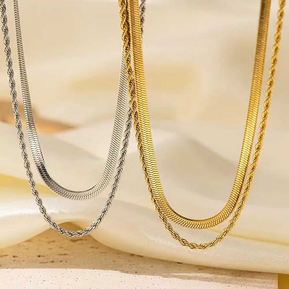 Women's retro double-layer twist necklace with geometric titanium steel pendant on adjustable snake bones chain
