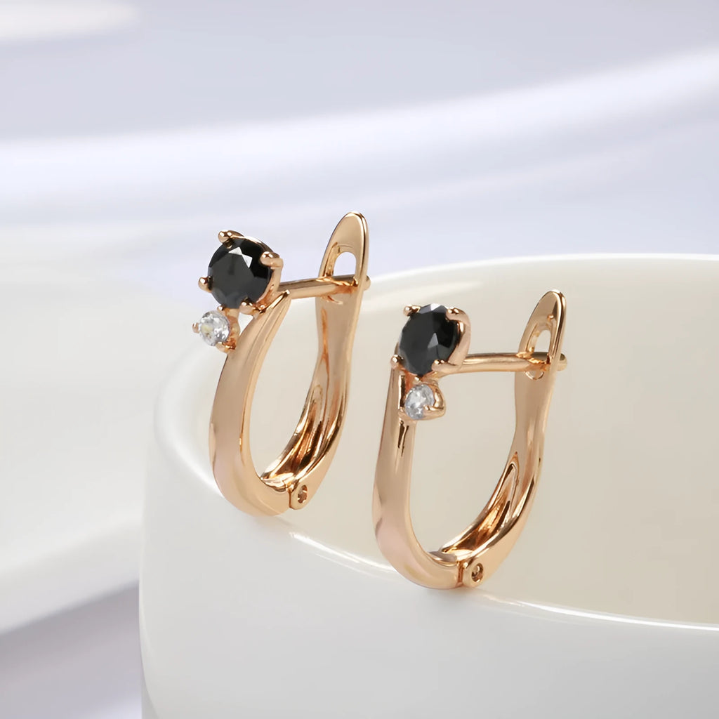 Black agate geometric drop earrings with gold-plated copper setting for women's retro jewellery