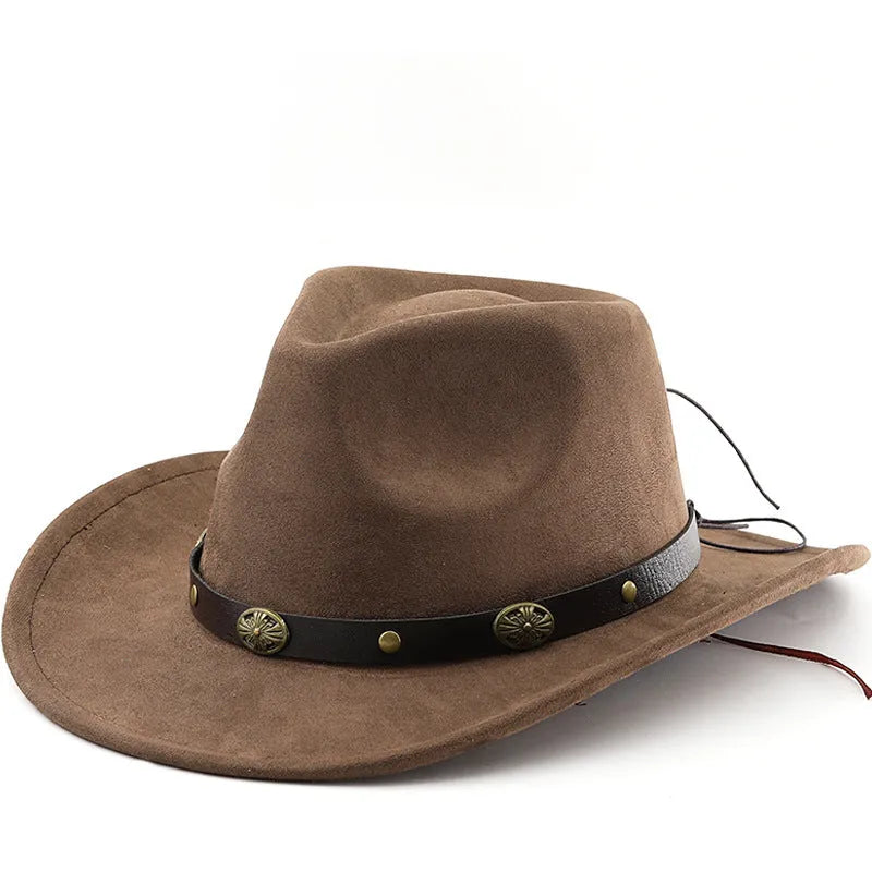 Brown leather velvet curved-edge western cowboy hat with a conical crown on a plain background.